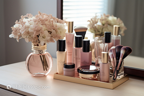 梳妆台上的化妆 品与通讯设备 现代女性的双面生活